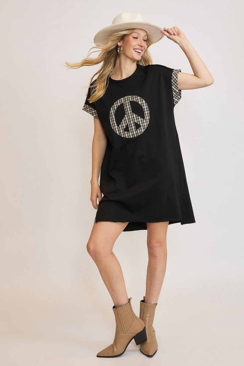 Umgee Peace Plaid Applique Short Sleeve Mini Dress - S. M. & Co.