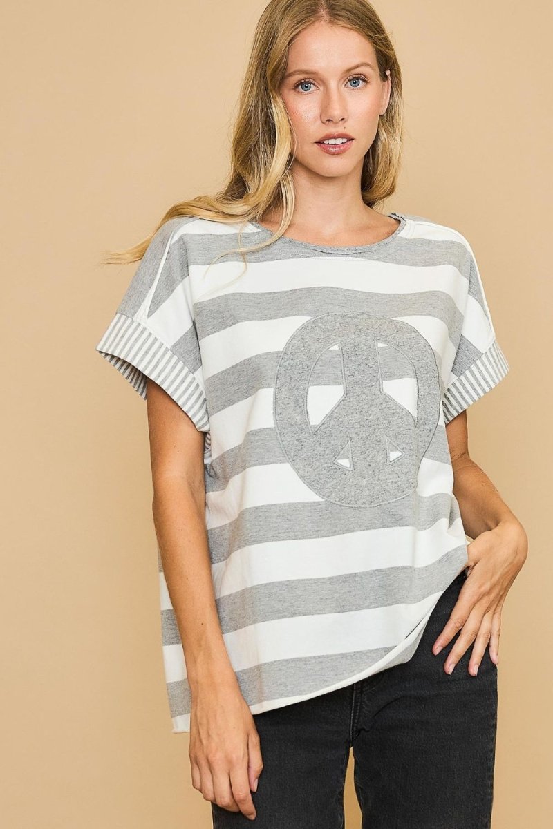 Umgee Peace Sign Patch Striped French Terry T-Shirt - S. M. & Co.