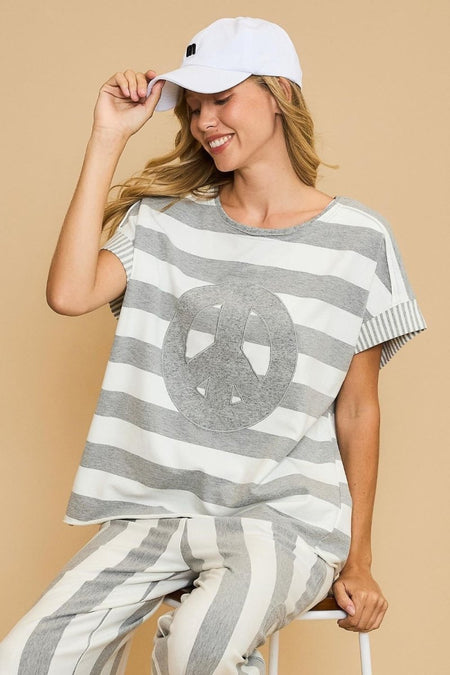 Umgee Peace Sign Patch Striped French Terry T-Shirt - S. M. & Co.