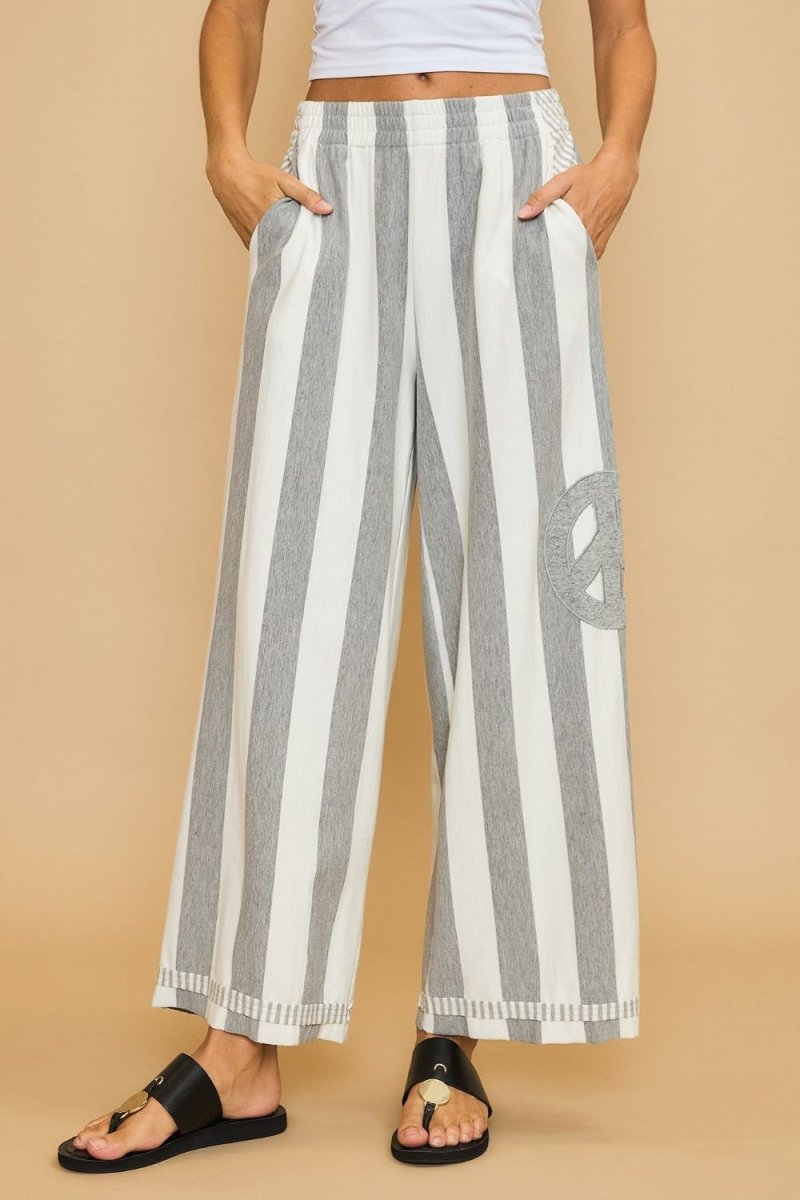 Umgee Peace Sign Patch Striped Wide Leg Pants - S. M. & Co.