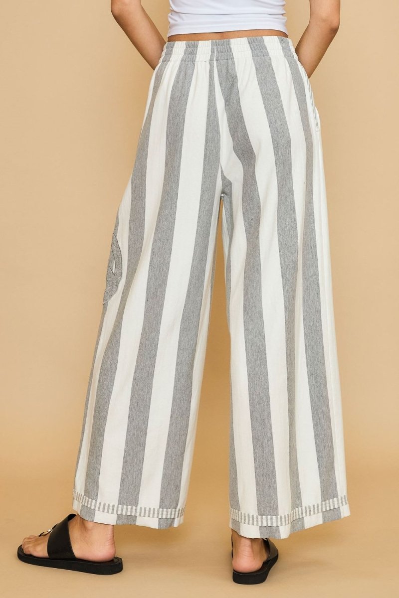 Umgee Peace Sign Patch Striped Wide Leg Pants - S. M. & Co.