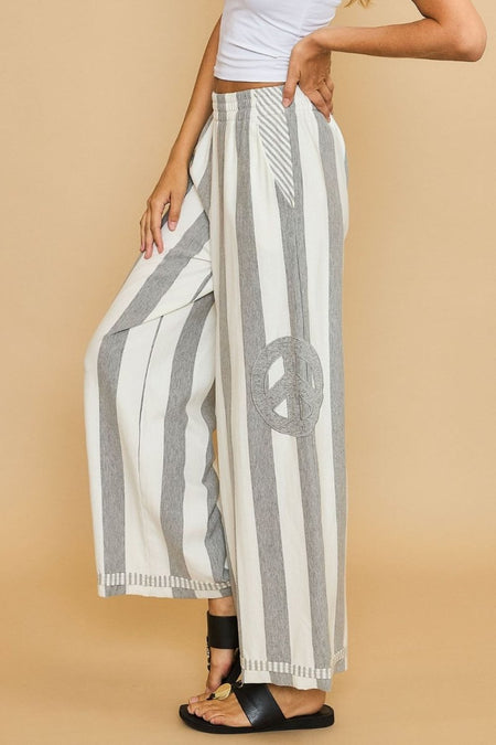 Umgee Peace Sign Patch Striped Wide Leg Pants - S. M. & Co.