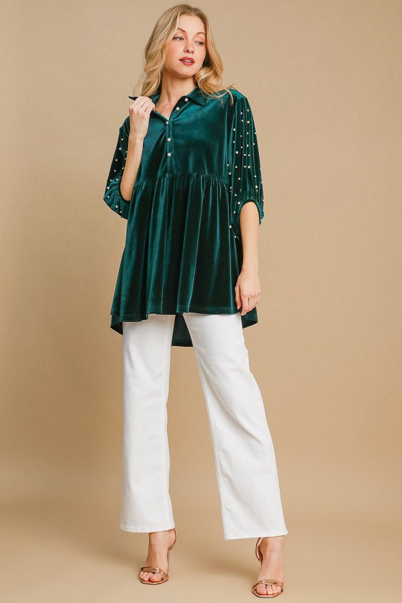 Umgee Pearl Detail Half Sleeve Velvet Babydoll Blouse - S. M. & Co.