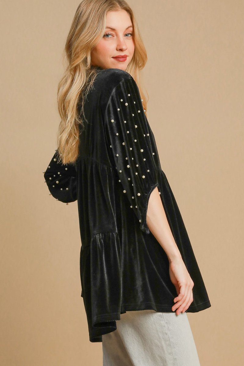 Umgee Pearl Detail Half Sleeve Velvet Babydoll Blouse - S. M. & Co.