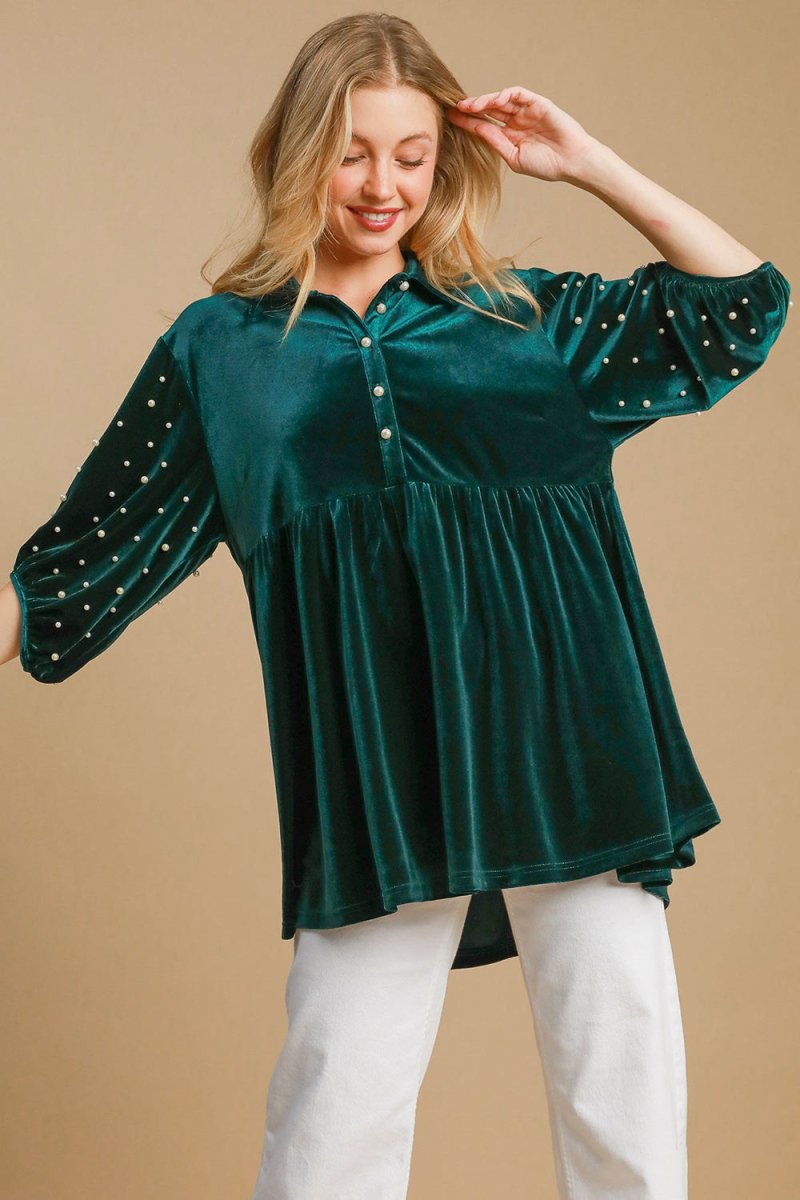 Umgee Pearl Detail Half Sleeve Velvet Babydoll Blouse - S. M. & Co.