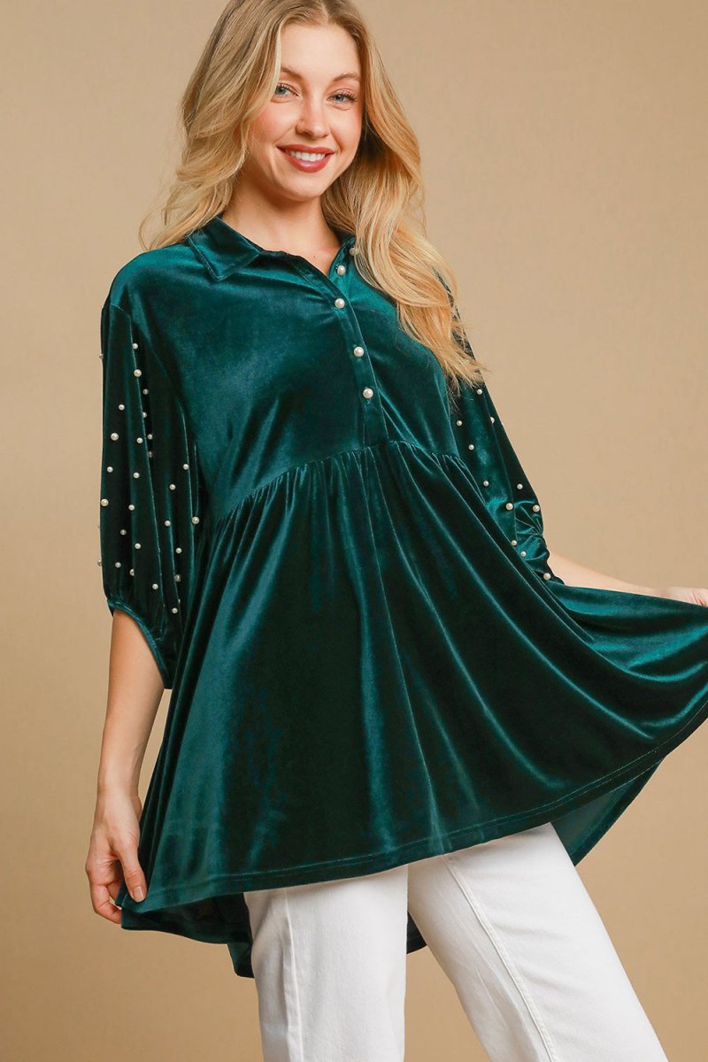 Umgee Pearl Detail Half Sleeve Velvet Babydoll Blouse - S. M. & Co.