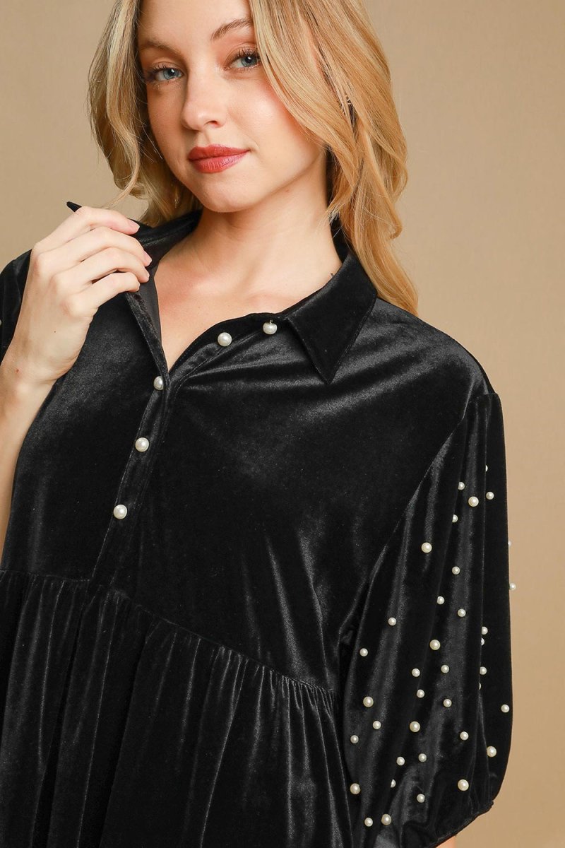 Umgee Pearl Detail Half Sleeve Velvet Babydoll Blouse - S. M. & Co.