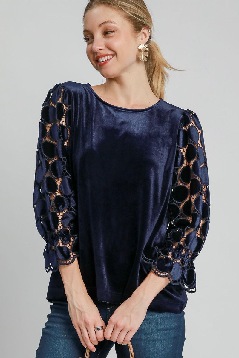 Umgee Polka Dot Lace Long Sleeve Round Neck Blouse - S. M. & Co.