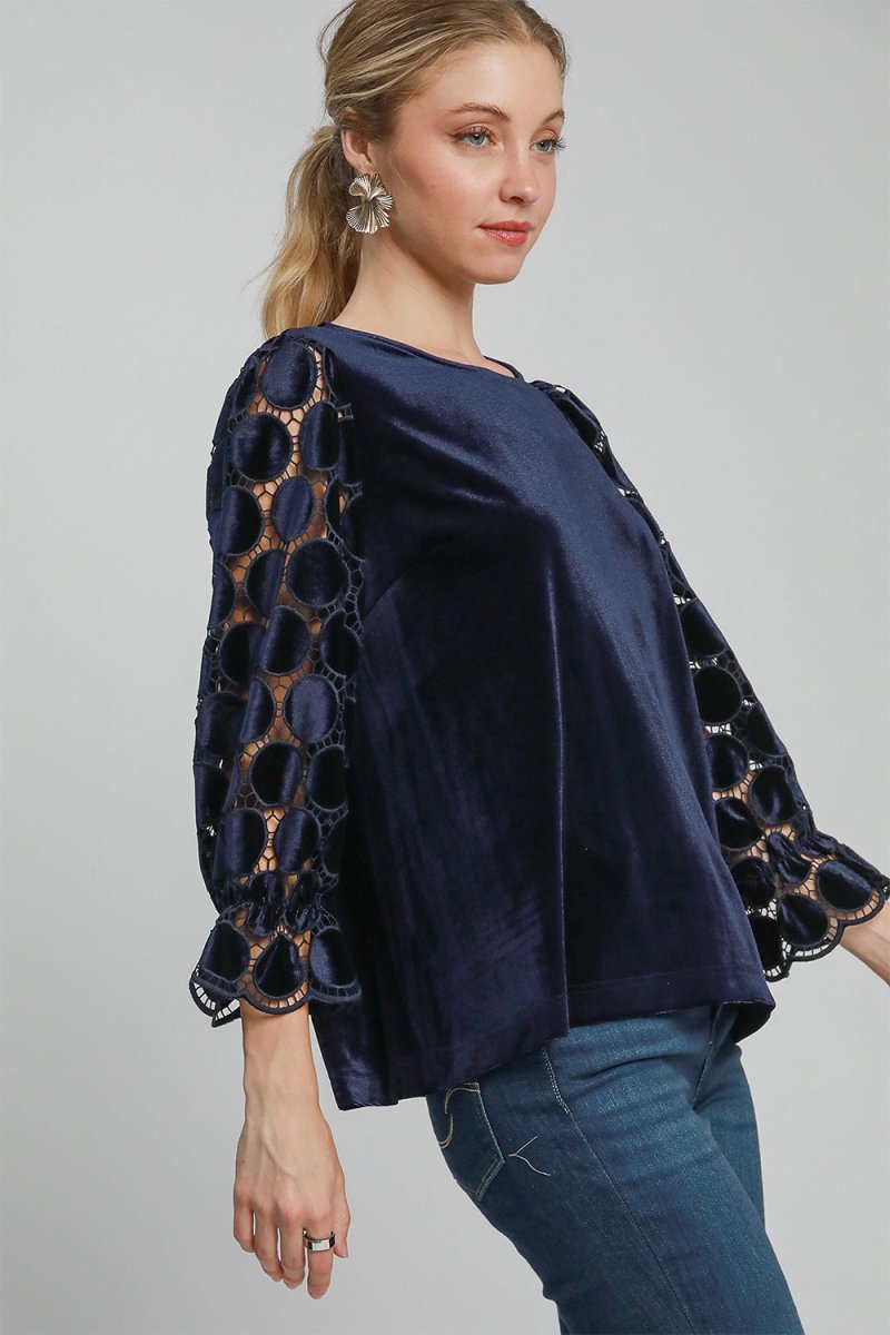 Umgee Polka Dot Lace Long Sleeve Round Neck Blouse - S. M. & Co.