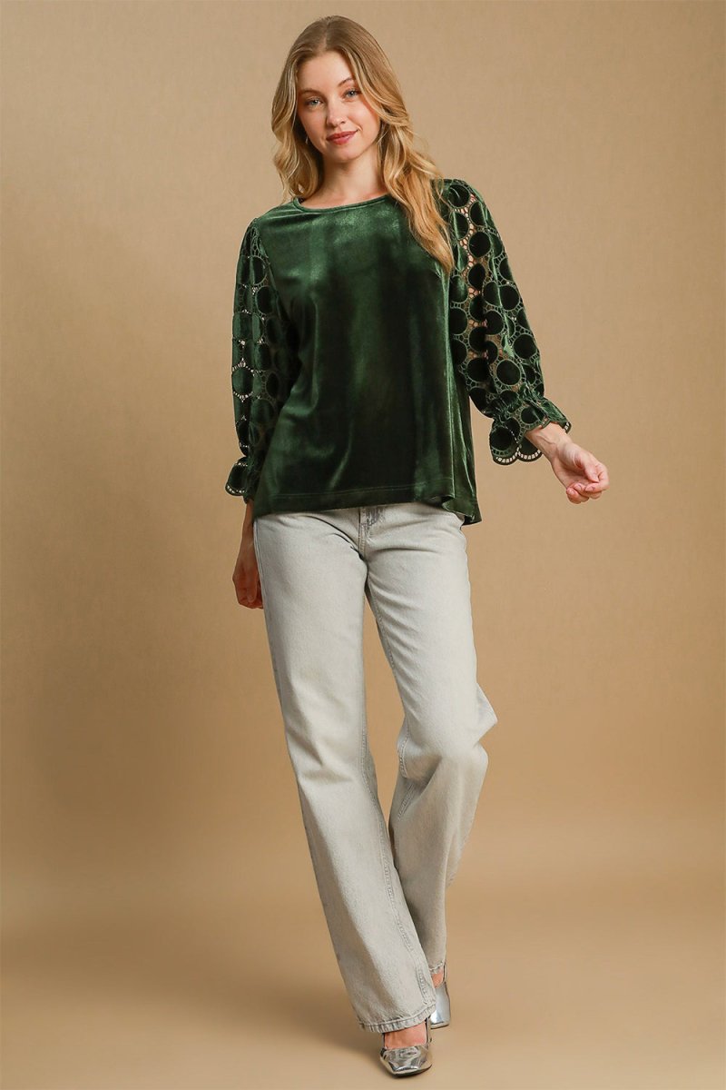 Umgee Polka Dot Lace Long Sleeve Round Neck Blouse - S. M. & Co.