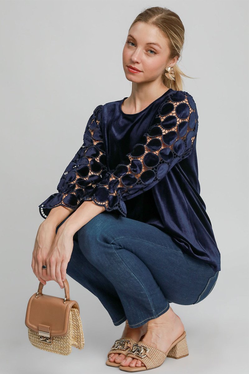 Umgee Polka Dot Lace Long Sleeve Round Neck Blouse - S. M. & Co.