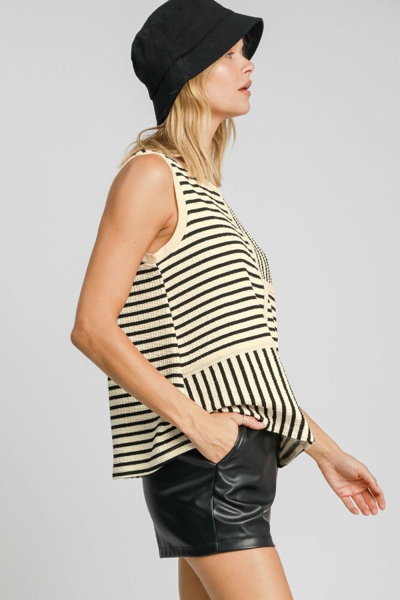 Umgee Round Neck Texture Striped Tank - S. M. & Co.