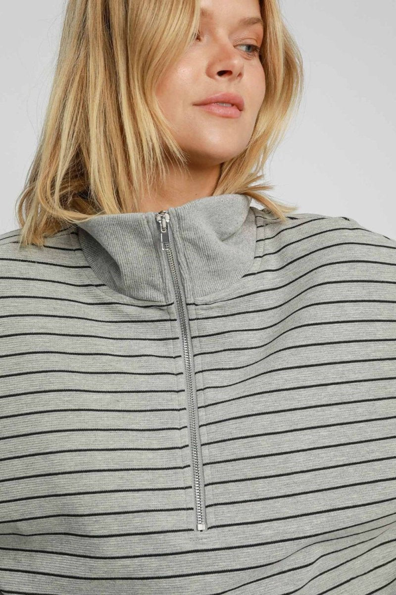 Umgee Striped Half Zip Short Sleeve Sweatshirt - S. M. & Co.