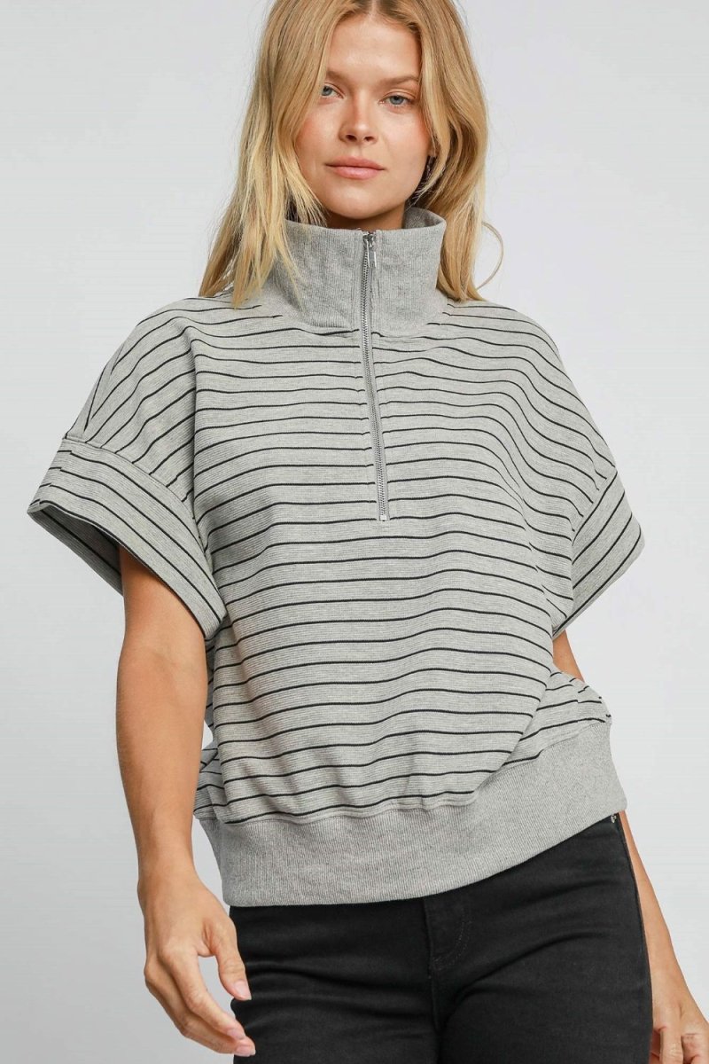 Umgee Striped Half Zip Short Sleeve Sweatshirt - S. M. & Co.