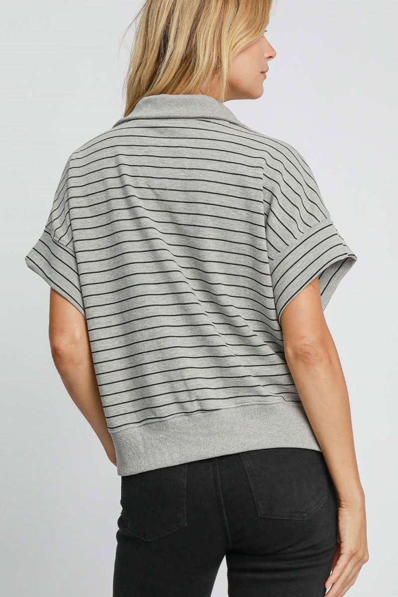 Umgee Striped Half Zip Short Sleeve Sweatshirt - S. M. & Co.