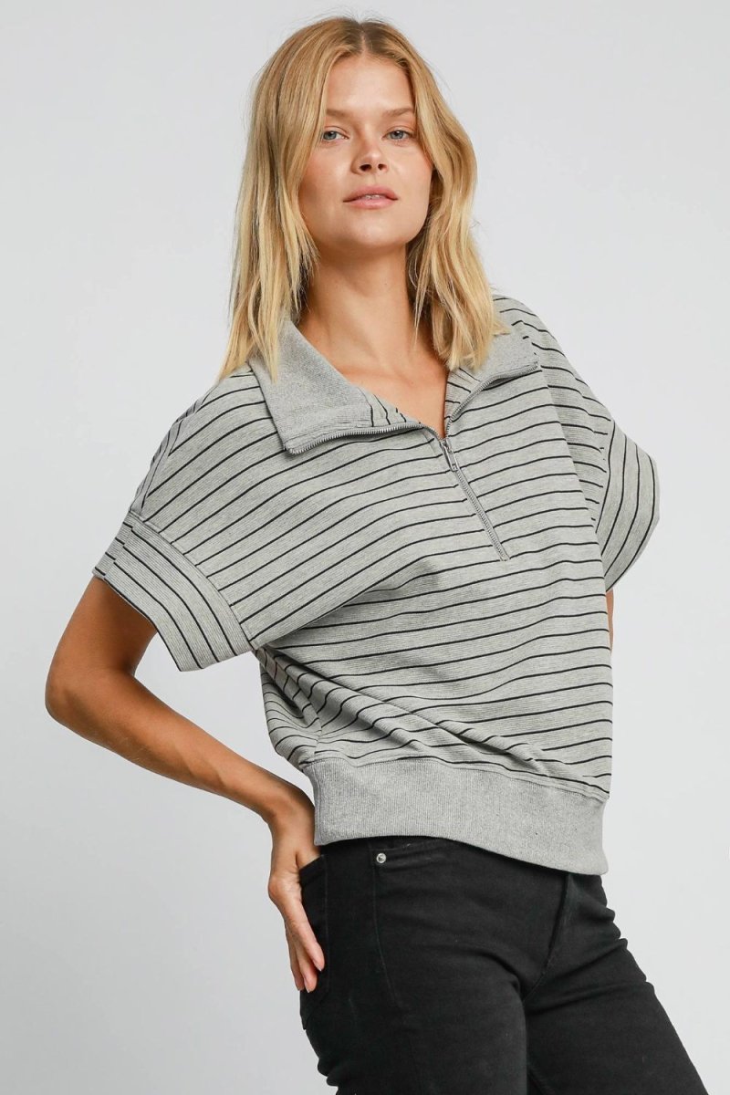 Umgee Striped Half Zip Short Sleeve Sweatshirt - S. M. & Co.