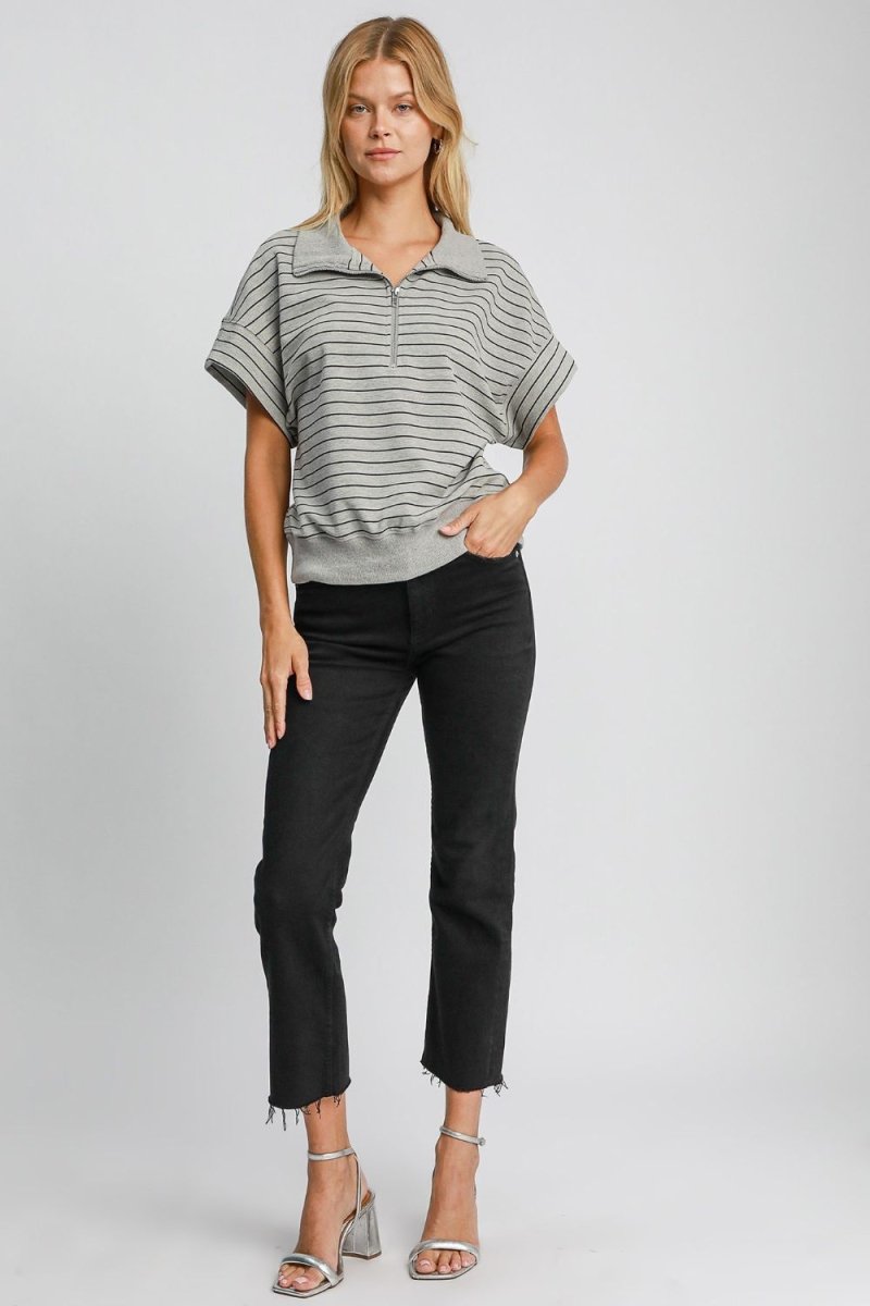 Umgee Striped Half Zip Short Sleeve Sweatshirt - S. M. & Co.