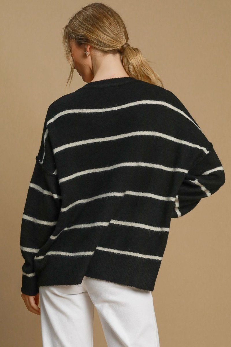Umgee Wool Blend Striped Round Neck Sweater - S. M. & Co.