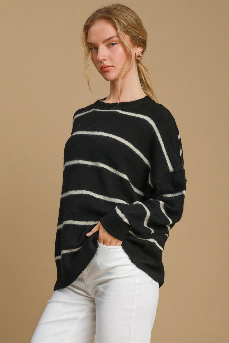 Umgee Wool Blend Striped Round Neck Sweater - S. M. & Co.