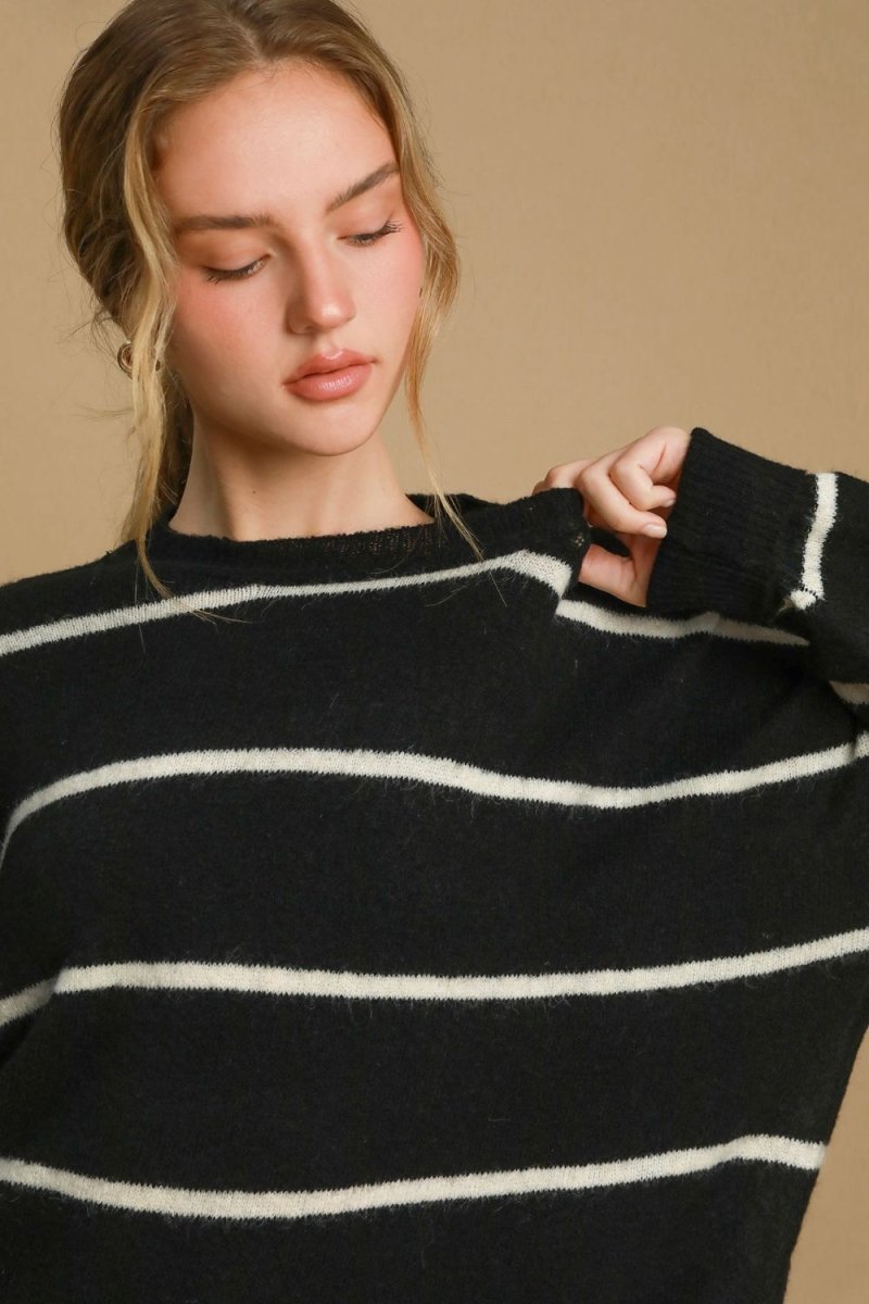 Umgee Wool Blend Striped Round Neck Sweater - S. M. & Co.