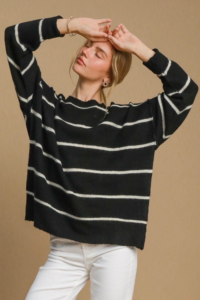 Umgee Wool Blend Striped Round Neck Sweater - S. M. & Co.