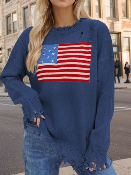 US Flag Distressed Round Neck Long Sleeve Sweater - S. M. & Co.