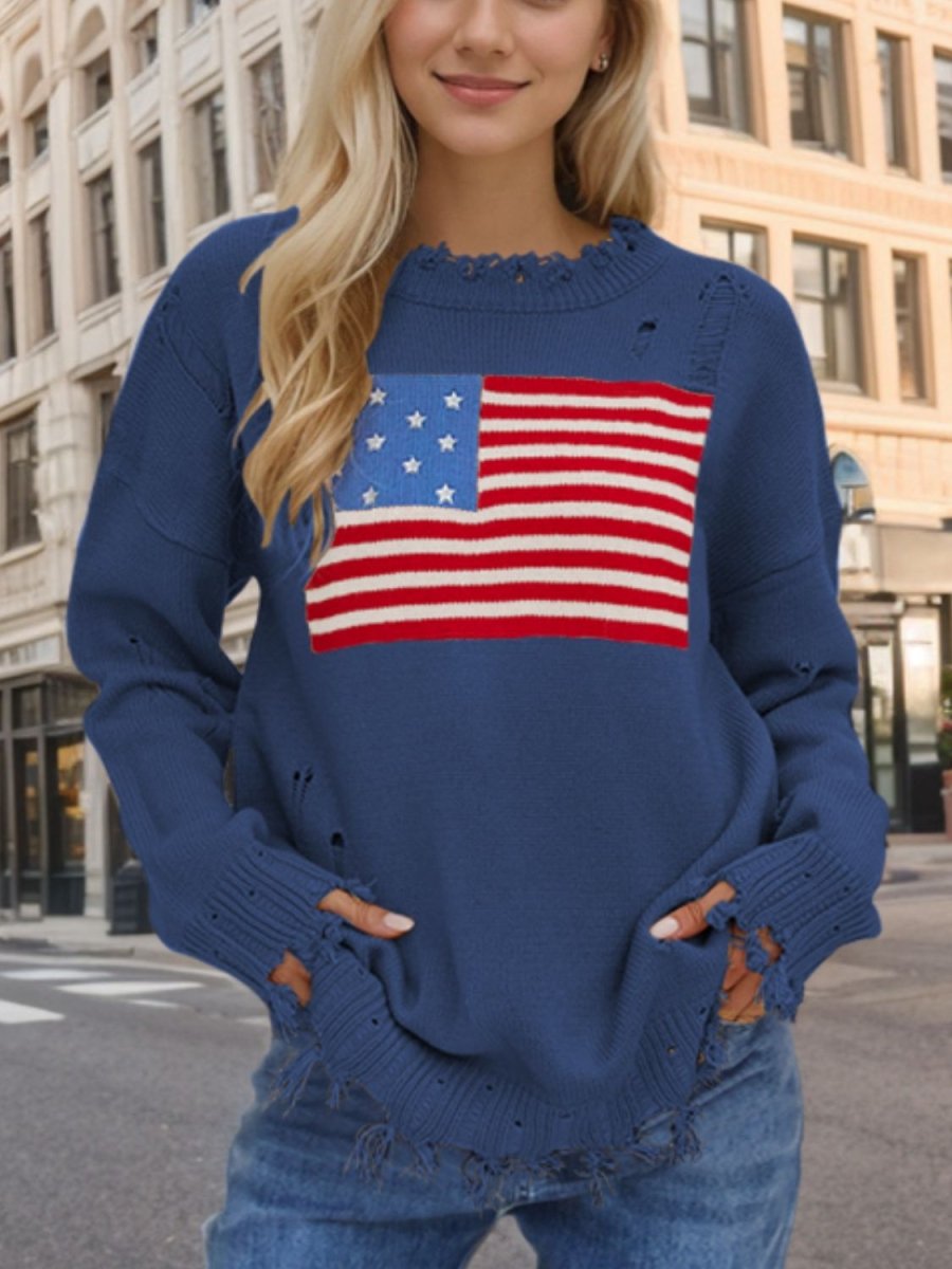 US Flag Distressed Round Neck Long Sleeve Sweater - S. M. & Co.