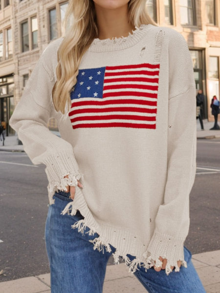 US Flag Distressed Round Neck Long Sleeve Sweater - S. M. & Co.