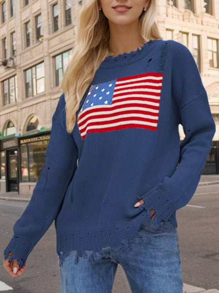 US Flag Distressed Round Neck Long Sleeve Sweater - S. M. & Co.