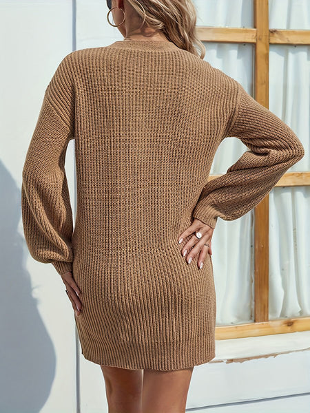 V - Neck Dropped Shoulder Mini Sweater Dress - S. M. & Co.