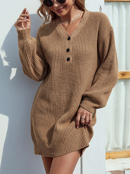 V - Neck Dropped Shoulder Mini Sweater Dress - S. M. & Co.