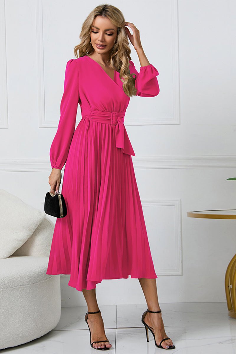 V - Neck Long Sleeve Tie Waist Midi Dress - S. M. & Co.