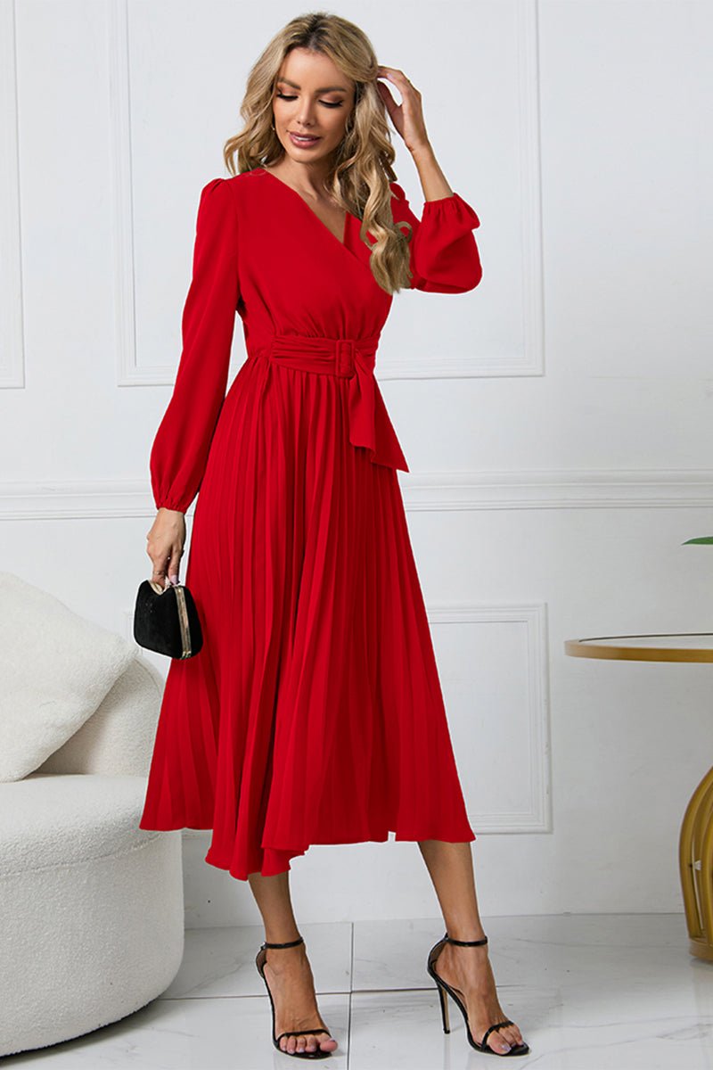 V - Neck Long Sleeve Tie Waist Midi Dress - S. M. & Co.