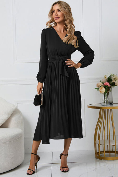 V - Neck Long Sleeve Tie Waist Midi Dress - S. M. & Co.