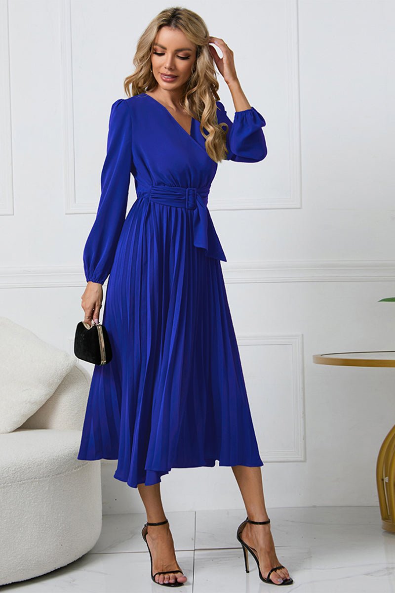 V - Neck Long Sleeve Tie Waist Midi Dress - S. M. & Co.