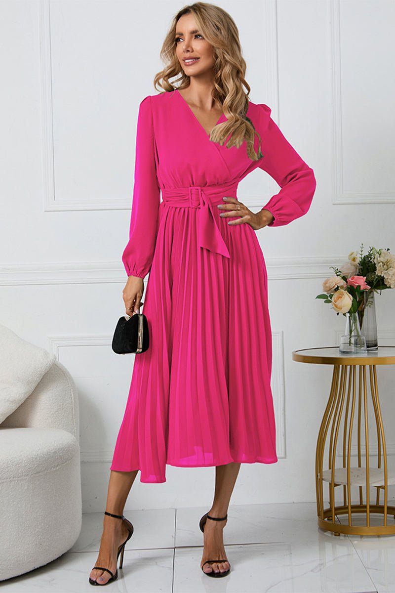 V - Neck Long Sleeve Tie Waist Midi Dress - S. M. & Co.