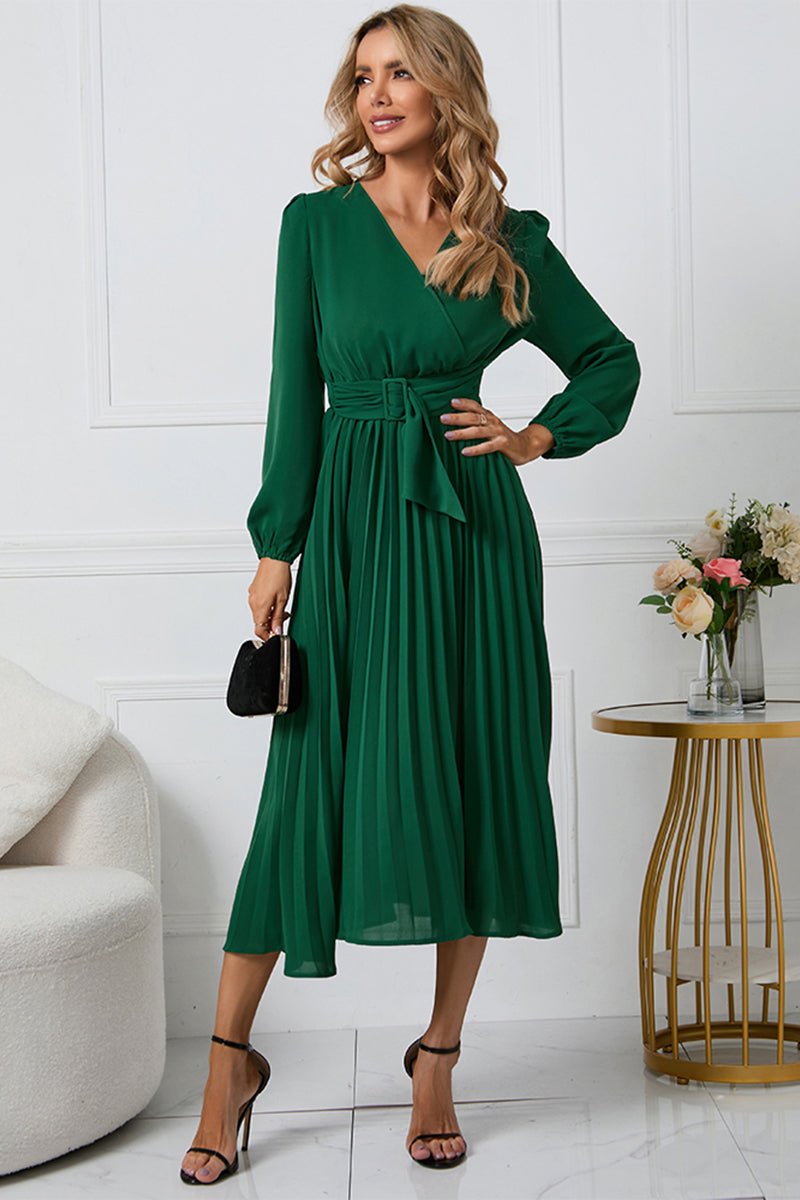 V - Neck Long Sleeve Tie Waist Midi Dress - S. M. & Co.