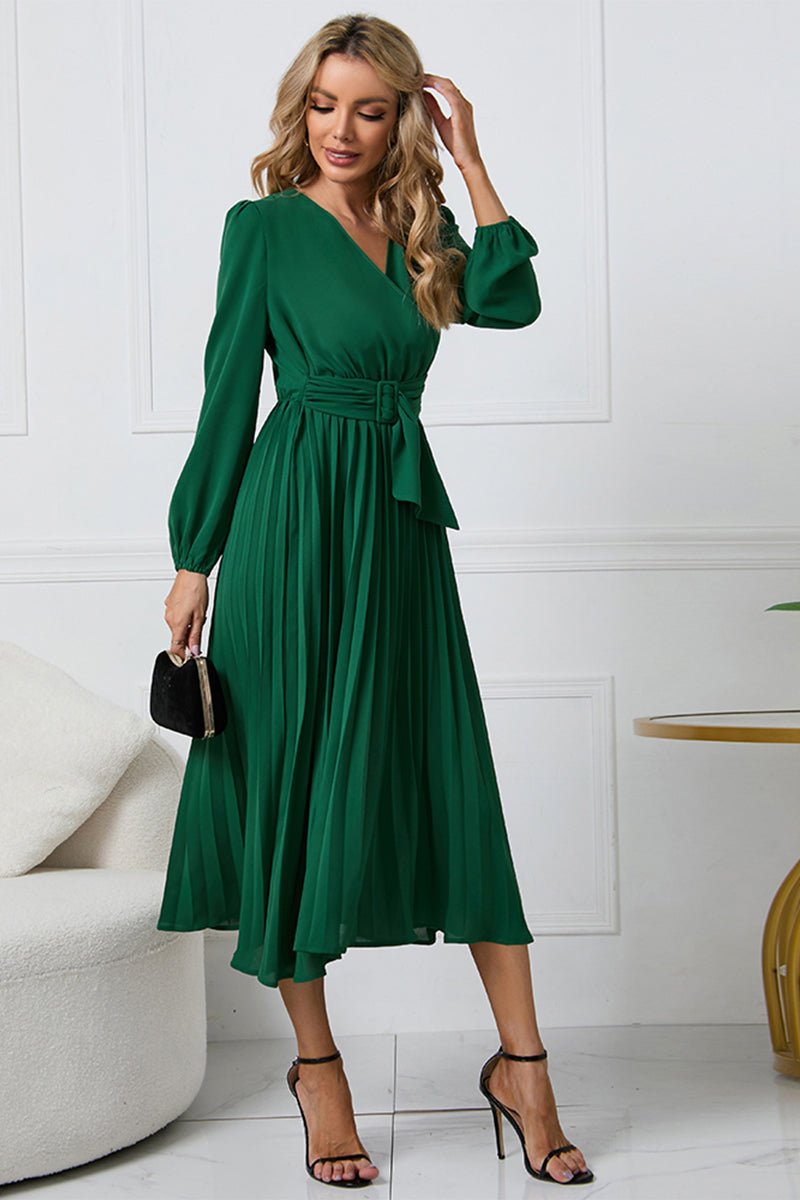 V - Neck Long Sleeve Tie Waist Midi Dress - S. M. & Co.