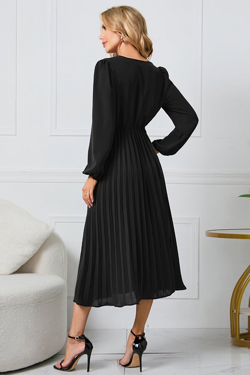 V - Neck Long Sleeve Tie Waist Midi Dress - S. M. & Co.