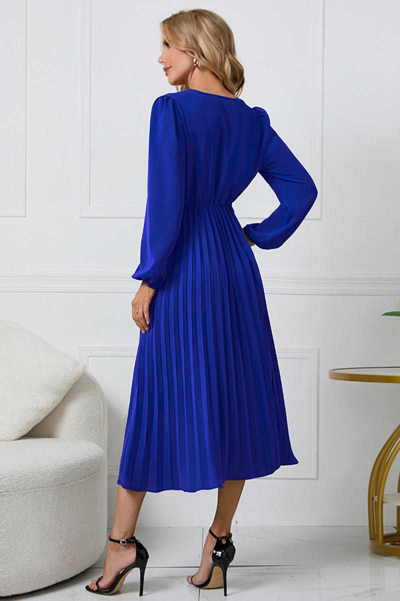 V - Neck Long Sleeve Tie Waist Midi Dress - S. M. & Co.