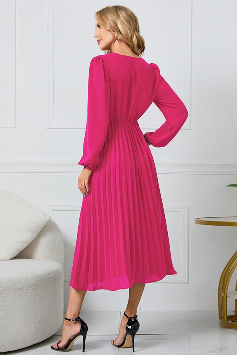 V - Neck Long Sleeve Tie Waist Midi Dress - S. M. & Co.