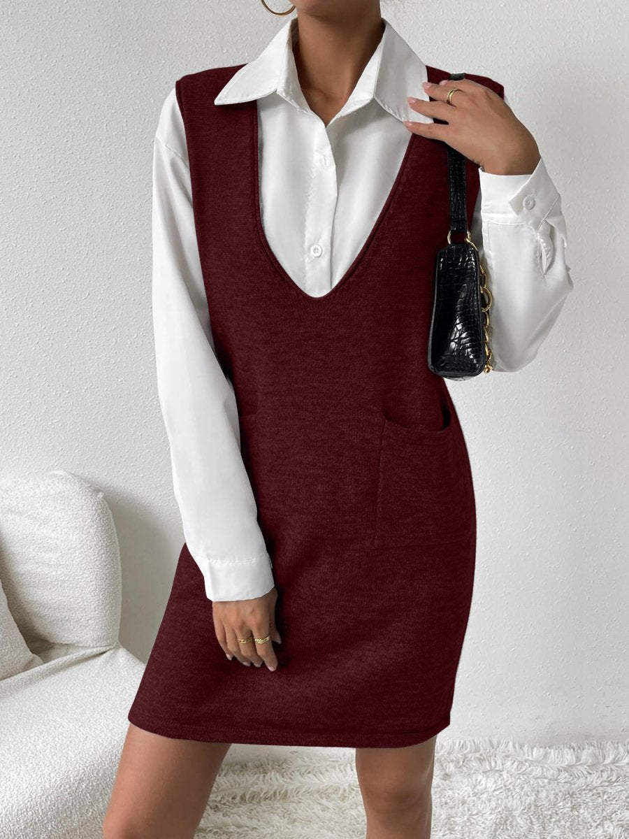 V - Neck Sleeveless Sweater Dress with Pockets - S. M. & Co.