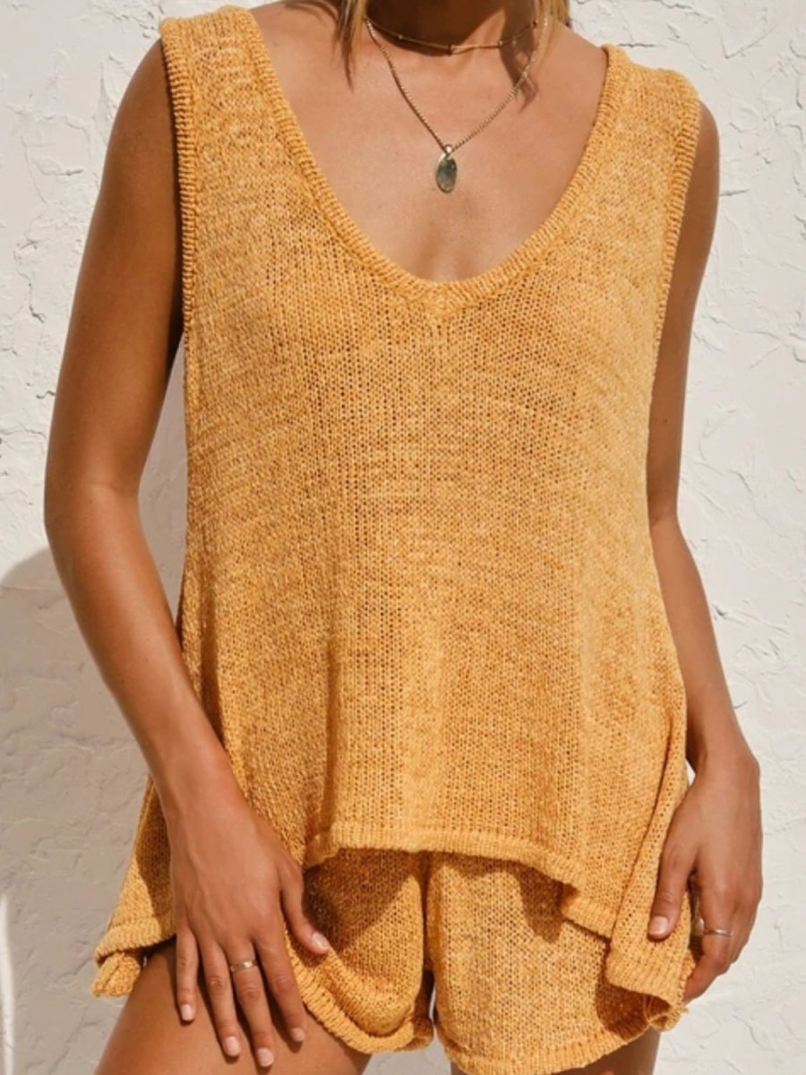 V - Neck Sleeveless Top and Drawstring Shorts Sweater Set - S. M. & Co.