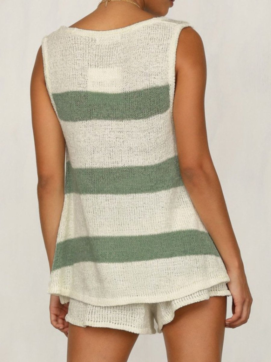 V - Neck Sleeveless Top and Drawstring Shorts Sweater Set - S. M. & Co.