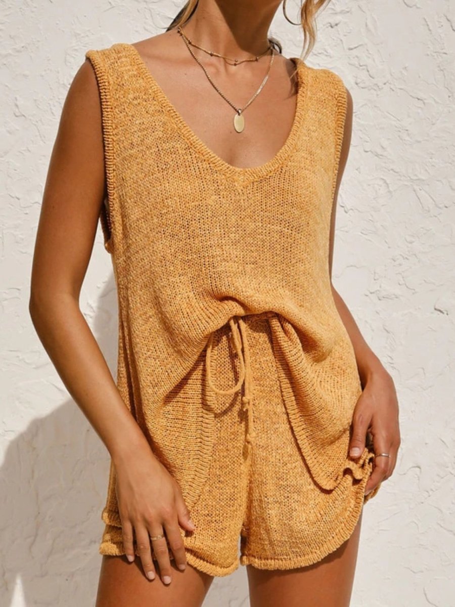 V - Neck Sleeveless Top and Drawstring Shorts Sweater Set - S. M. & Co.