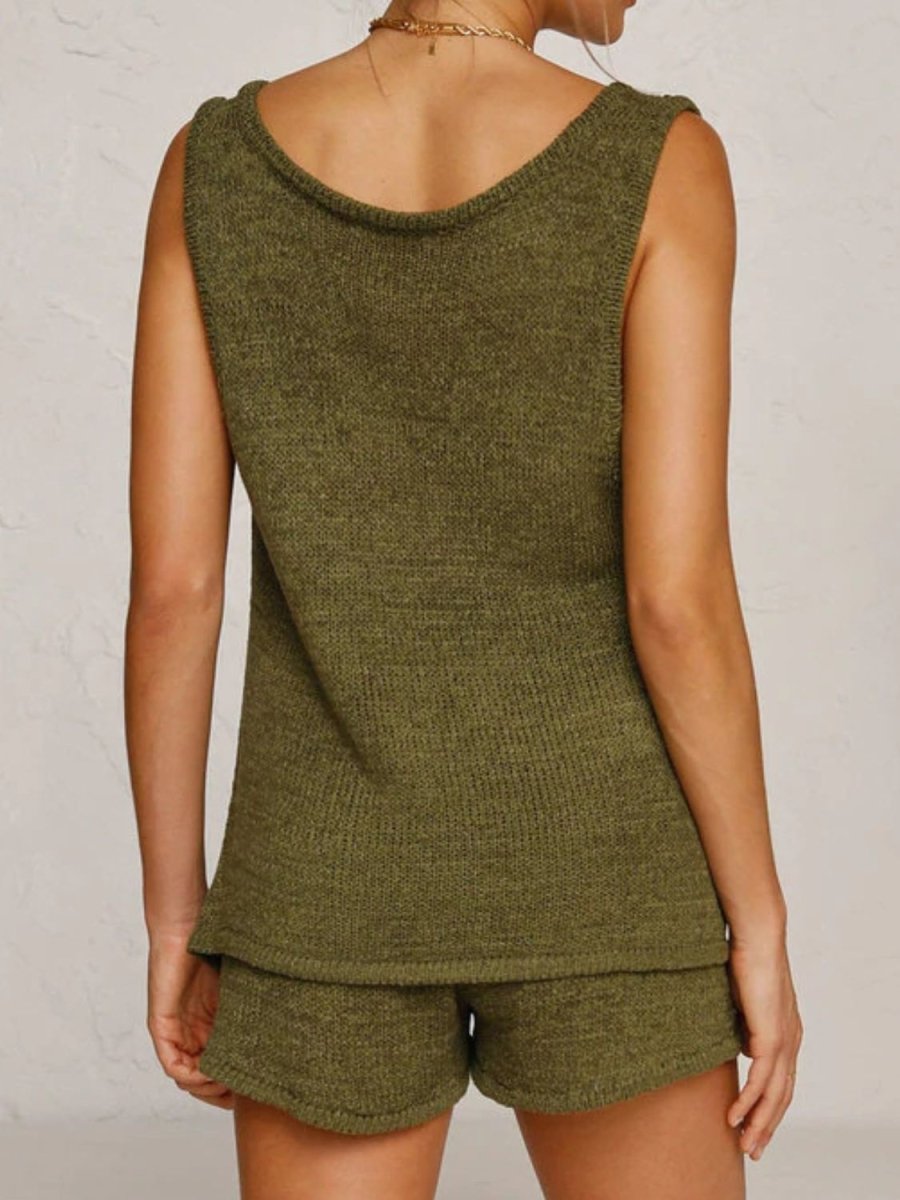 V - Neck Sleeveless Top and Drawstring Shorts Sweater Set - S. M. & Co.