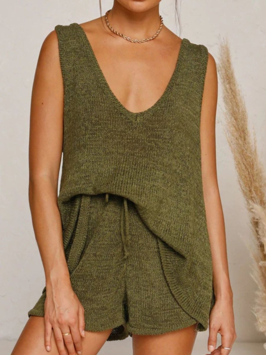 V - Neck Sleeveless Top and Drawstring Shorts Sweater Set - S. M. & Co.