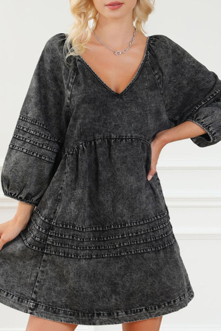 V - Neck Three Quarter Sleeve Denim Dress - S. M. & Co.