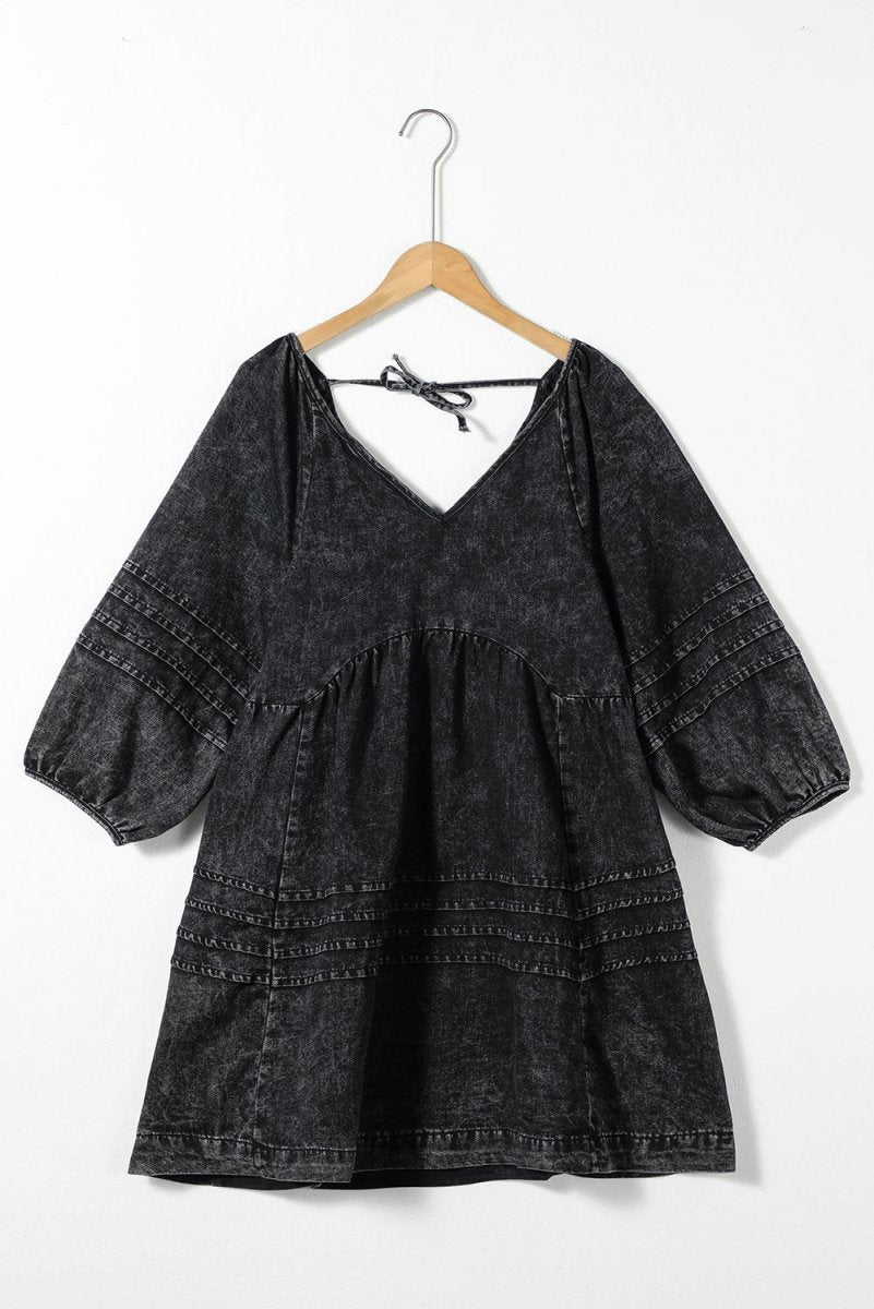 V - Neck Three Quarter Sleeve Denim Dress - S. M. & Co.