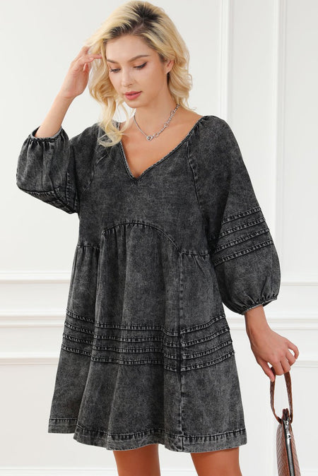 V - Neck Three Quarter Sleeve Denim Dress - S. M. & Co.